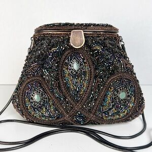 SHARMARK Los Vegas Women’s Small Vintage Bronze Black Beaded Bag‎ Clutch Chain